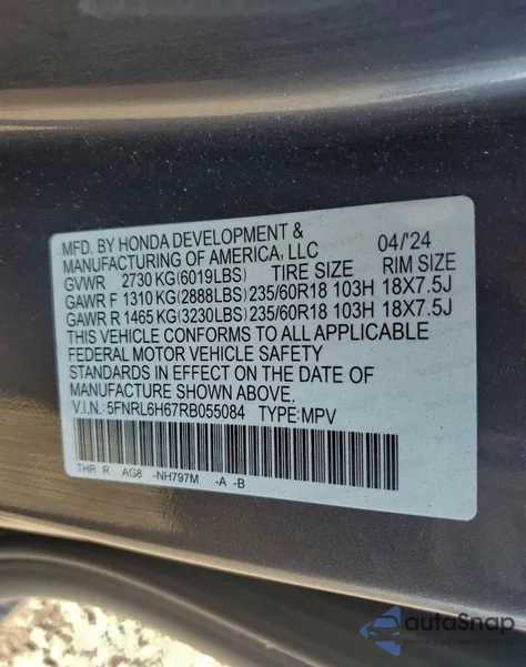 2024 Honda Odyssey Exl из США, поврежденный, VIN 5FNRL6H67RB055084